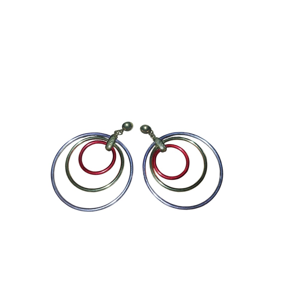 Multi Color Triple Hoop Drop Earrings Metallic Blue Red Silver Tone Statement